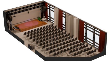 L'espace dédié à l'Auditorium de 170 m2 est préparé pour des représentations et des spectacles vivants.